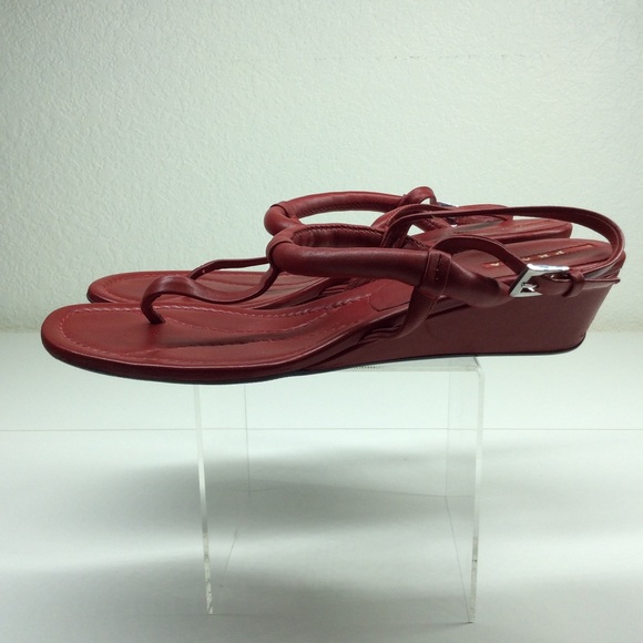 PRADA RED LEATHER WEDGE SANDALS - Picture 8 of 14